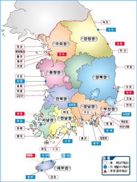 ▲ 마리나지조트 개발대상 위치도. 국토해양부는 전국 43개 마리나를 개발해 10년 뒤 마리나 수요 10,460여척을 목표로 하고 있다.