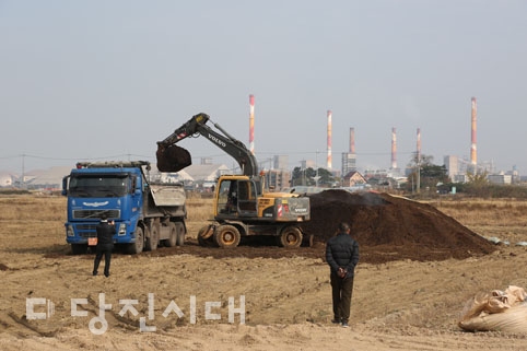 ▲ 송산면 가곡리에 위치한 간척지에 미숙성된 퇴비를 살포해 적발된 업체가 다시 원상복구, 환수조치 하고 있다.