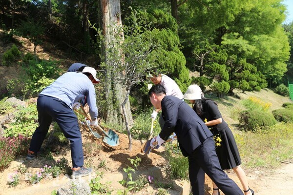 고대중학교 관계자와 당진시임업후계자회 회원들이 탄소중립 학교숲 가꾸기의 일환으로 기념식수인 서부해당화를 식재하고 있다.