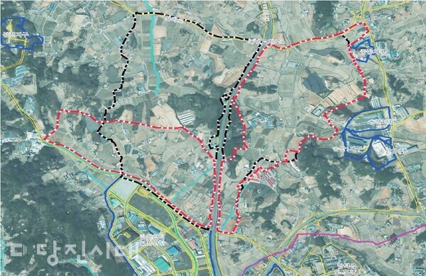 합덕·순성 그린컴플렉스 일반산업단지 조정(안). 검정색 점선이 당초 구역이었으며, 붉은 점선이 조정·변경된 구역이다. 조정(안)은 확정되지 않은 사항으로 앞으로 변경될 수 있다.