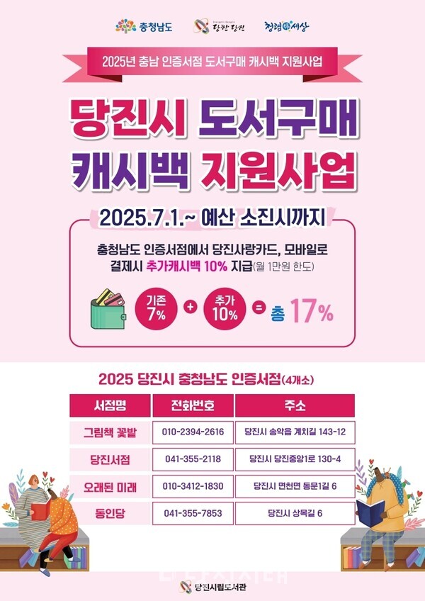 당진시립도서관이 시민들의 독서 생활을 장려하고 지역 서점의 활성화를 도모하기 위해 지난 1일부터 ‘도 인증 지역서점 캐시백 지원 사업’을 시행한다.