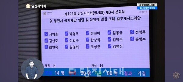 ‘당진시 복지재단 설립 및 운영에 관한 조례 일부개정조례안’이 지난 7월 31일 열린 당진시의회 임시회에서 당진시의원 전원이 찬성한 가운데 통과됐다.