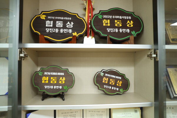 용연1통 마을회관에 전시된 각종 상패들. 특히 협동상이 눈에 띈다.